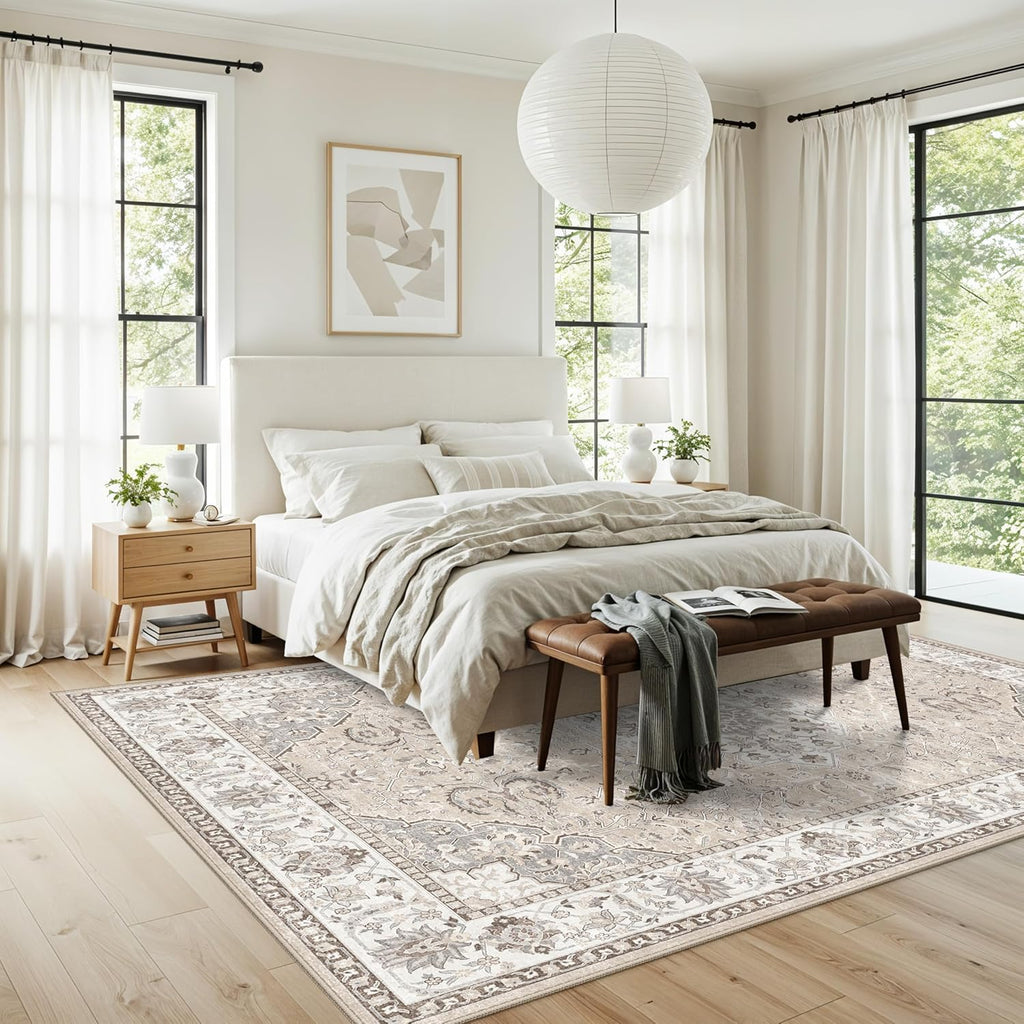 Skiennix 7x10 Area Rug - Washable Vintage Design for Living Room, Bedroom, Office | Durable Non-Slip Beige Carpet