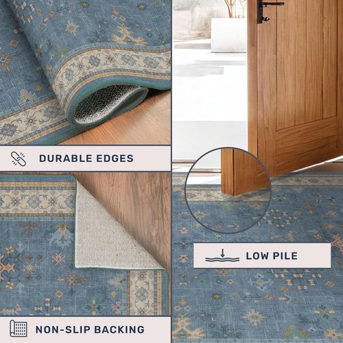 Boho 7x9 Living Room Rug - Modern Dark Blue Lightweight Washable Carpet for Dining & Bedroom