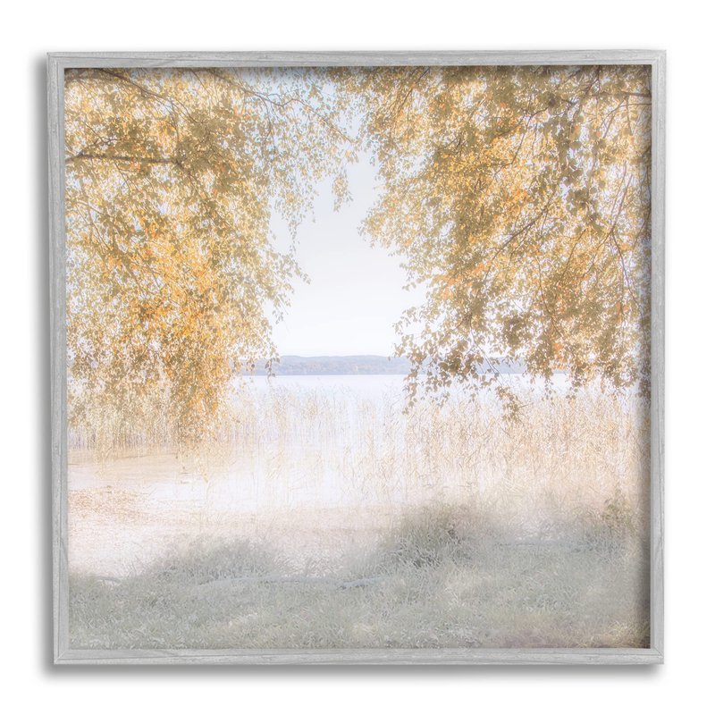 Stupell Industries Lake Shore Yellow Foliage Trees Distant Mountains, Design by Irene Weisz, White, 17 x 17