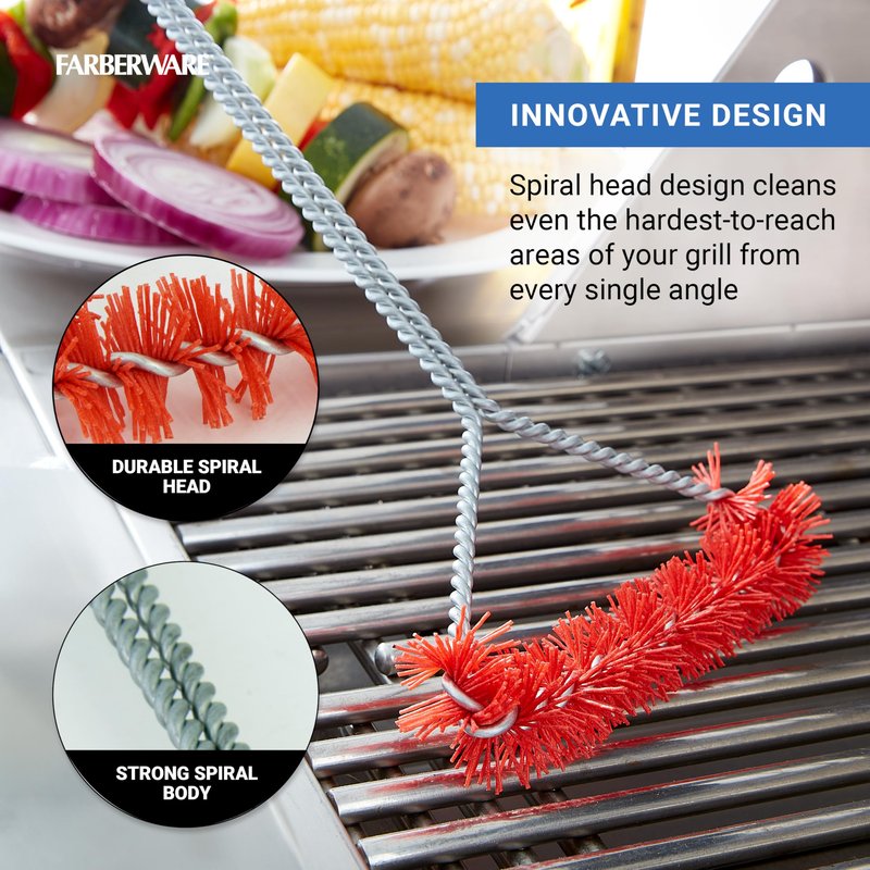 Farberware BBQ Nylon Spiral Grill Brush, Woven, Rust-Resistant Bristles, Includes Storage Ring