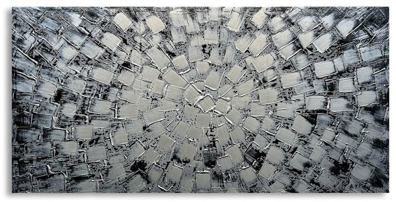 MyArton Textured Abstract Squares Canvas Wall Art Hand Painted Modern Black Silver Oil Painting Picture for Home Decoration Ready to Hang Horizontal or Vertical 40x20inch