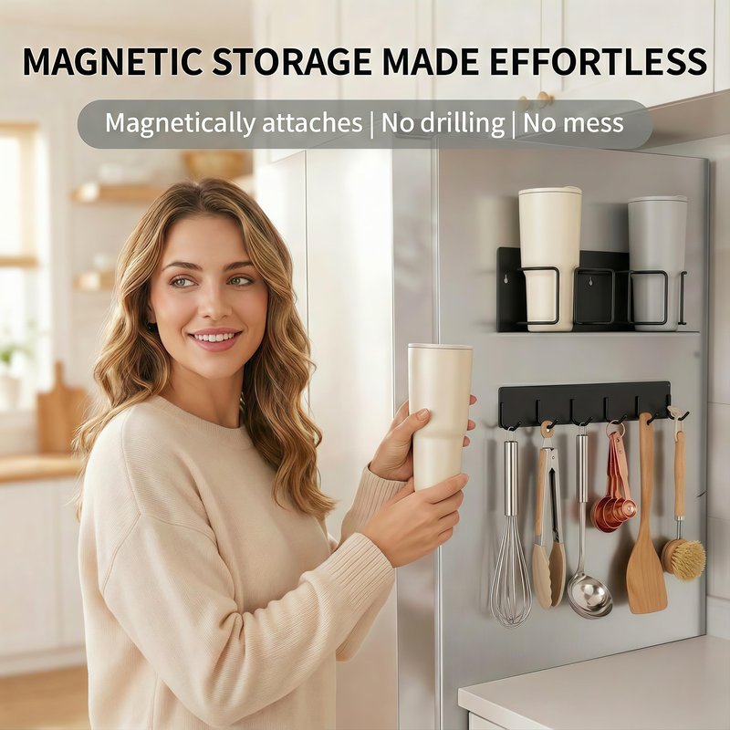 Magnetic Cup Holder for Fridge (2-Pack) – Compatible with Stanley Quencher H2.0 & Yeti 20–40oz Tumblers – Heavy-Duty 18LB Full-Magnet Drink Holder with Utility Hook Rack for Kitchen or Garage