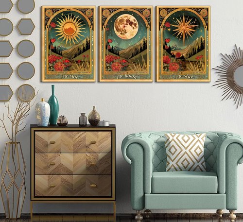 3 Pcs Tarot Canvas Wall Art Sun Moon and Star Mystical Astrology Celestial Paintings Pictures Wall Decor Poster Print Artwork for Bedroom Living Room Dorm Home Decoration