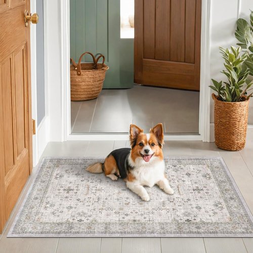 Boho Bathroom Rug by Light Grey | Large 3x5 Washable, Non-Slip Floral Design for Entryway, Kitchen, Bedroom