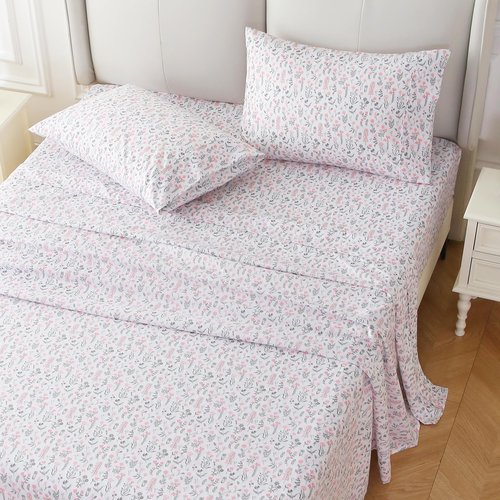 Viviland Floral Queen Sheet Set - 4 Piece Vintage Cute Red Flower Patterned Bed Sheets - Soft, Breathable Microfiber Sheets with Deep Pocket, Non-Slip Fitted Sheets & Pillowcases