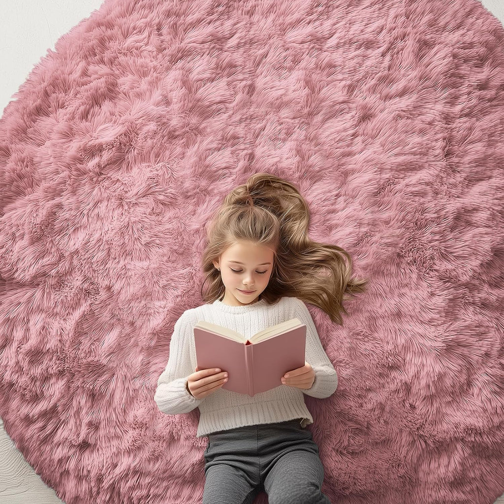 OLANLY Round Pink Area Rug - Soft, Fluffy, Machine Washable 6 ft Circle Carpet for Bedrooms & Nurseries