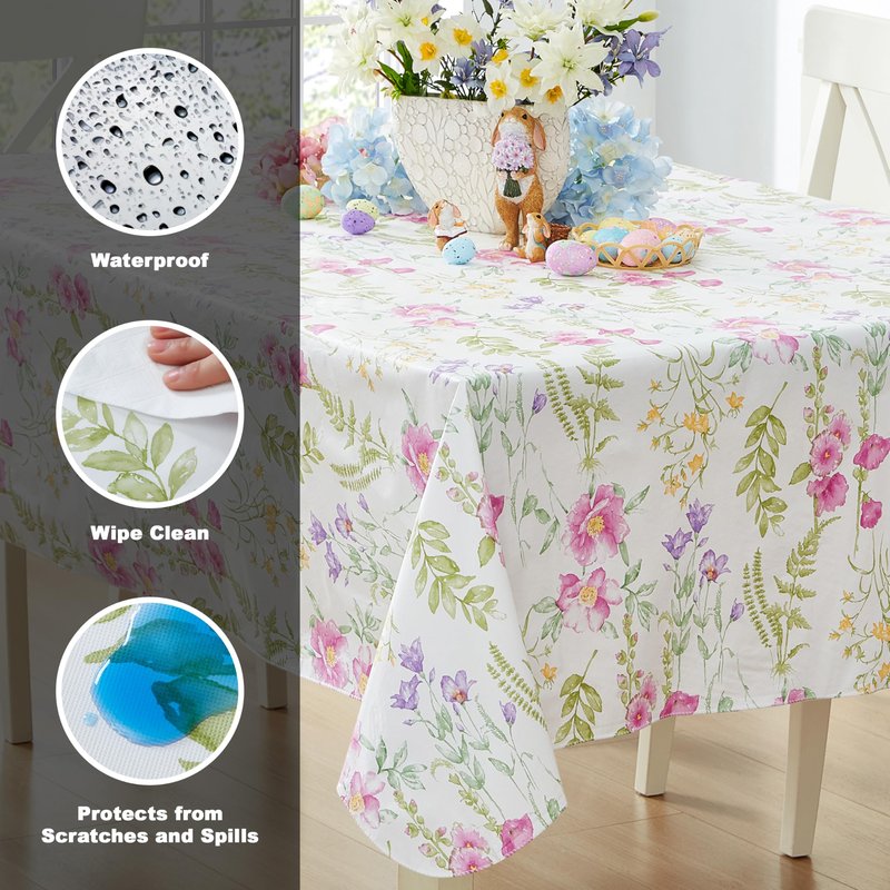 Newbridge Wildflower Fields Floral Vinyl Flannel Backed Tablecloth, 60 x 84 Inch Rectangle, Pink and Purple Wild Flowers Easy Care Vinyl Tablecloth with Flannel Backing for Holiday Party