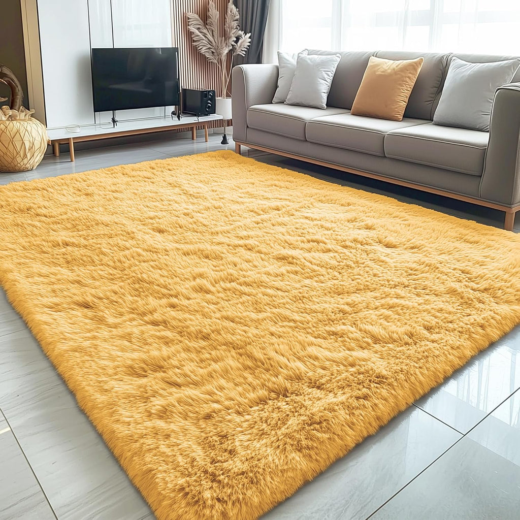 OLANLY 5x7 Large Area Rug - Soft Fluffy Shaggy Indoor Carpet for Living Room & Bedroom | Mustard Yellow