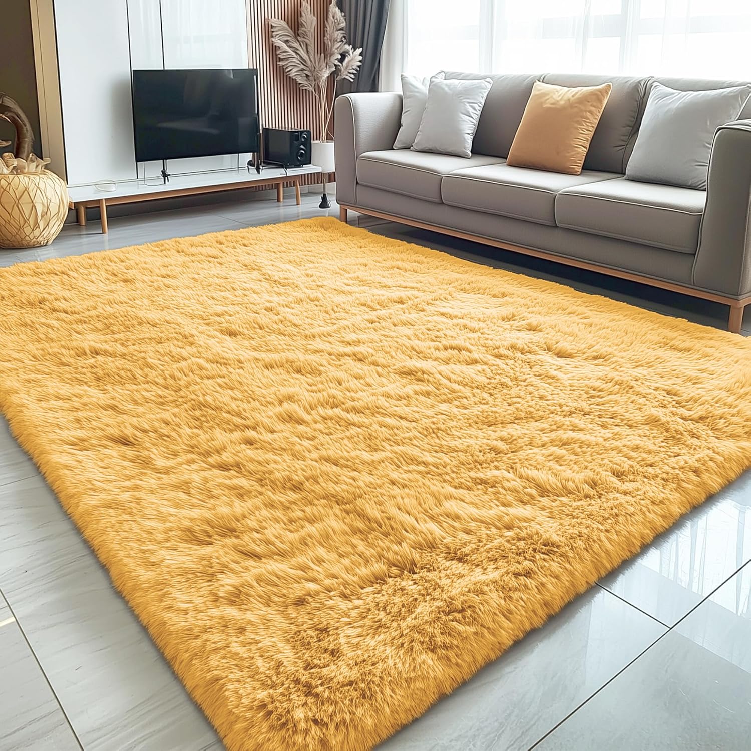 OLANLY 5x7 Large Area Rug - Soft Fluffy Shaggy Indoor Carpet for Living Room & Bedroom | Mustard Yellow