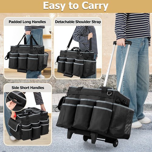 HODRANT Large Cleaning Caddy with Detachable Trolley & Shoulder Strap, Cleaning Supplies Bag with Handles & Support Plates, Cleaning Product Rolling Organizer for Car Wash and Housekeeping