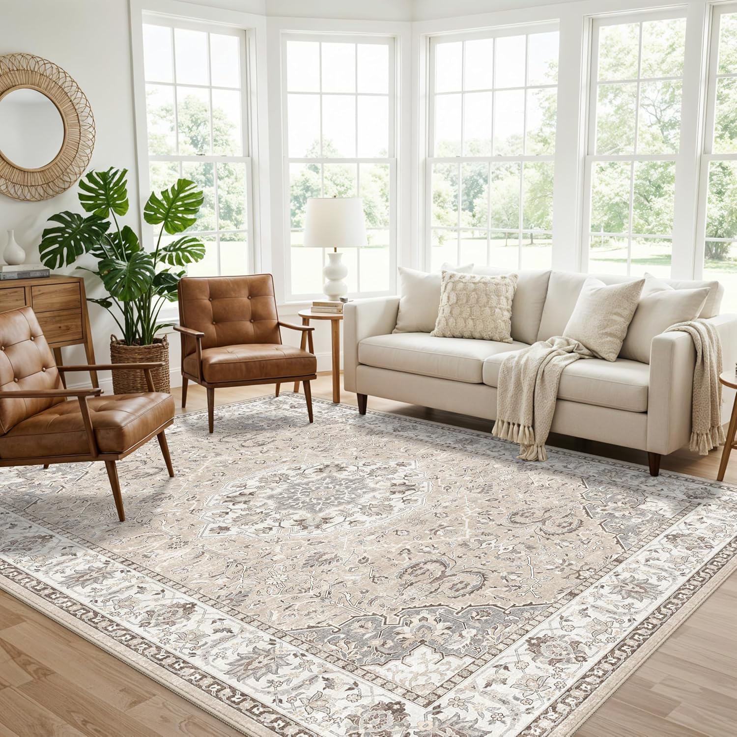 Skiennix 7x10 Area Rug - Washable Vintage Design for Living Room, Bedroom, Office | Durable Non-Slip Beige Carpet