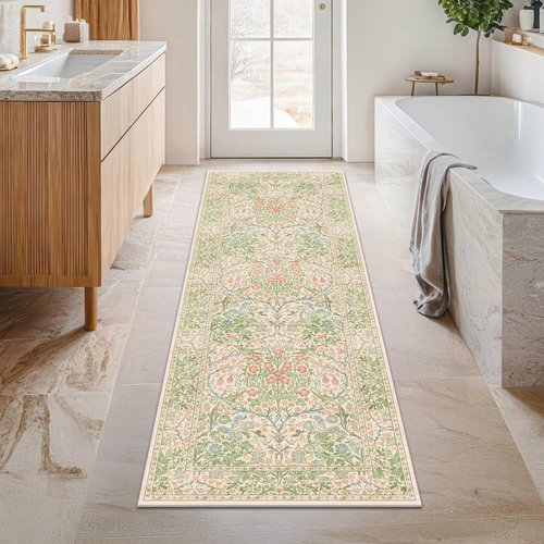 Hazo Haus Non-Slip Bathroom Runner Rug - Vintage Floral Design | Washable 24 x 72 Inch Mat in Beige Green