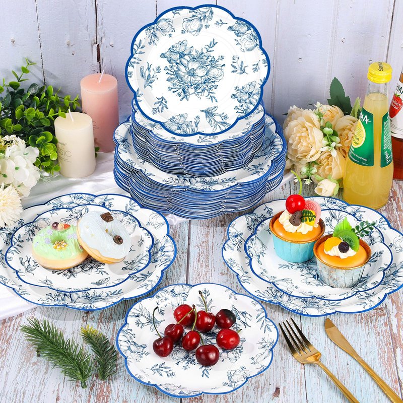 Booson 100 Pcs Blue Floral Plates Blue and White Flower Paper Plate 7 Inch 9 Inch Disposable Dessert Dinner Plates for Baby Bridal Shower Tea Party Supplies Wedding Birthday Decoration