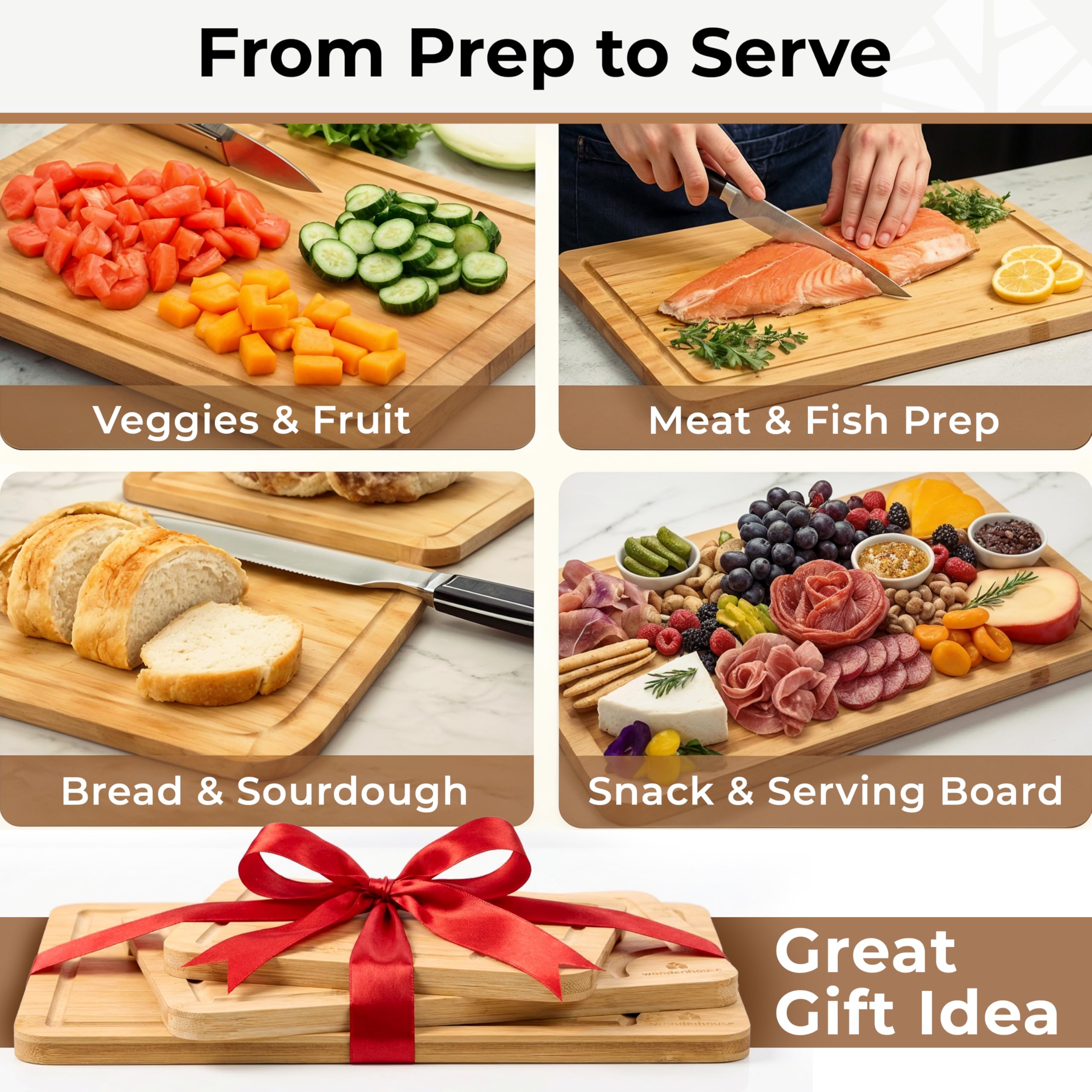 Bamboo Cutting Board Set of 3 - Thick & Durable Wood Cutting Boards with Deep Juice Grooves & Build-in Handles, Large Surface, Easy to Clean – for Meat, Vegetables and Fruits