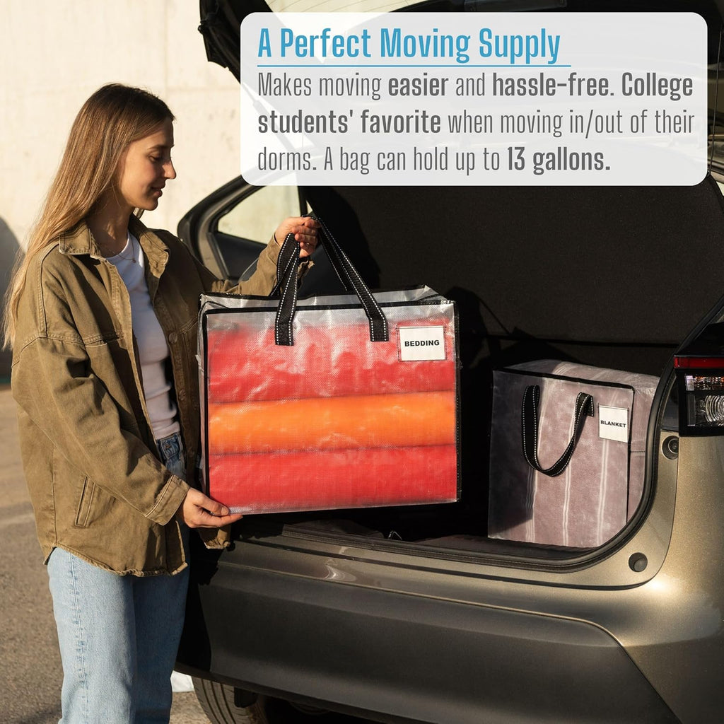 VENO Heavy Duty Moving Bags - 4 Pack Storage Totes with Top Zipper for Camping & Bedding (13 Gallon Clear)