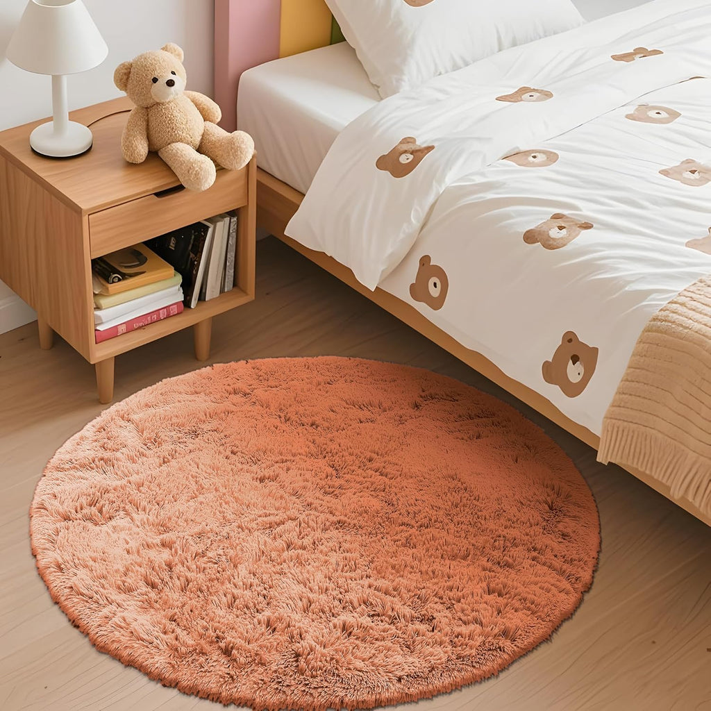 OLANLY Round Area Rug - Soft Muted Orange Shaggy Carpet, 3 ft Circle for Bedroom & Living Room Decor