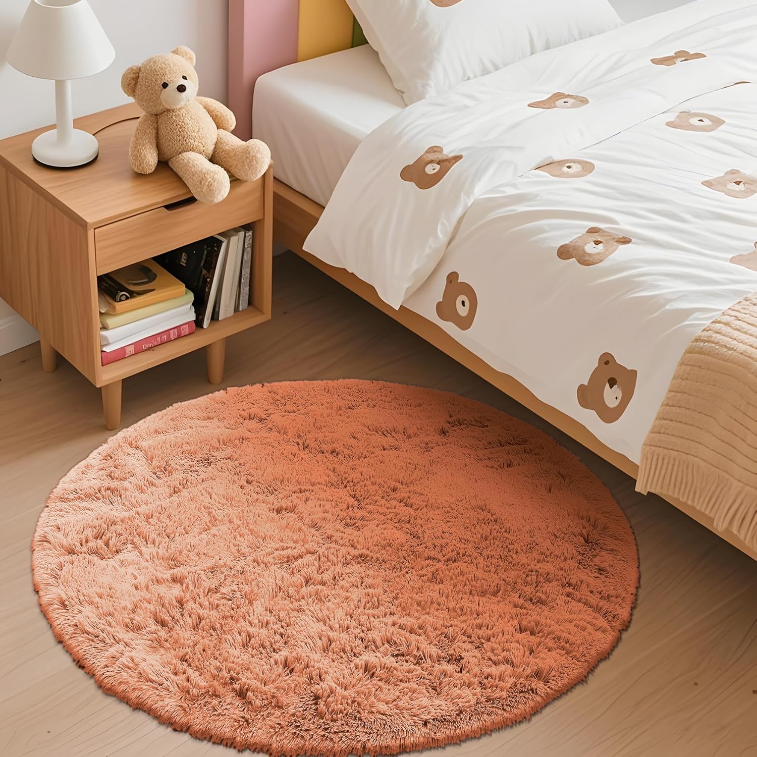 OLANLY Round Area Rug - Soft Muted Orange Shaggy Carpet, 3 ft Circle for Bedroom & Living Room Decor