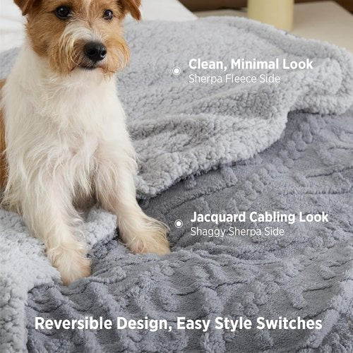 Bedsure GentleSoft Sherpa Fleece Throw Blanket - Fluffy & Cozy Cable Jacquard Design, Grey, 50x60 Inches