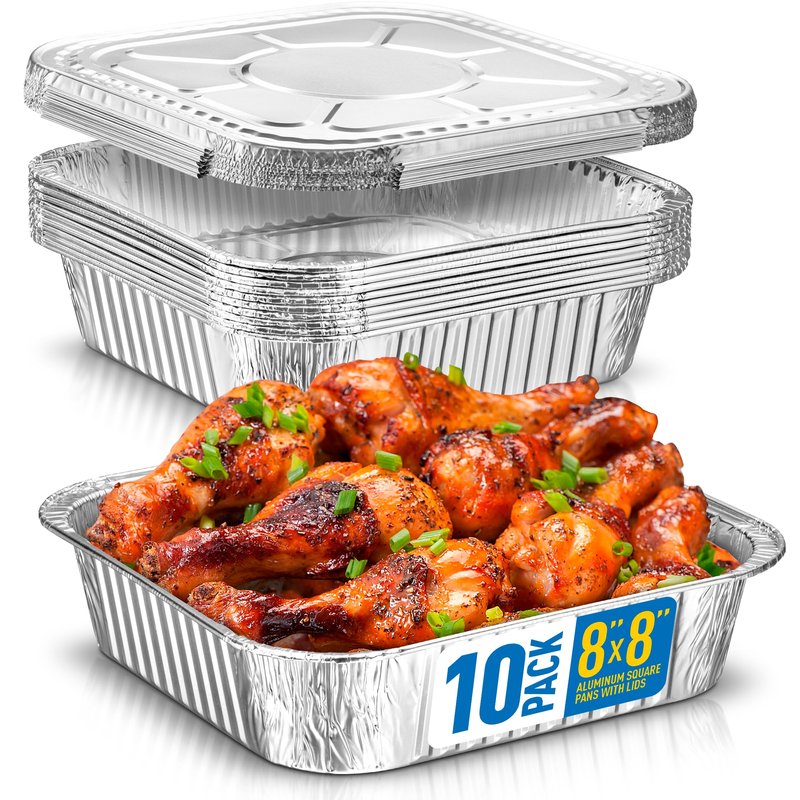 Plastible 8x8 Disposable Aluminum Pans With Lids - 10 Pack Foil Pans For Cooking, Baking Cakes, Roasting & Homemade Breads - Disposable Food Containers With Foil Lids
