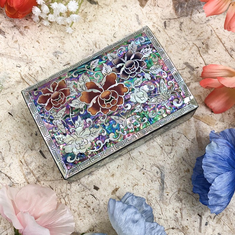 Nacreh Mother of Pearl Jewelry Ring Mini Trinket Wooden Box for Business Card Case Nacklace - Inlaid with Sea Shell Gifts for Women and Men (Peony)