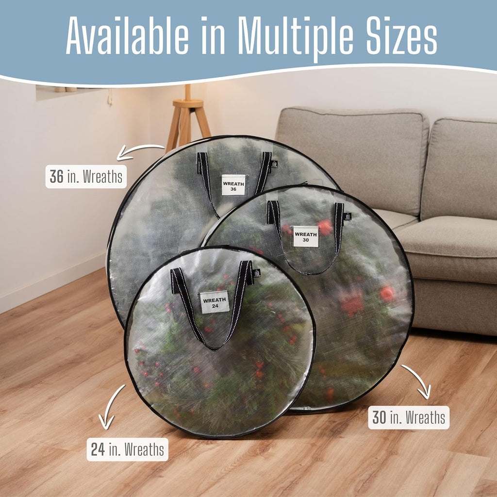 VENO Wreath Storage Container - 24 Inch Heavy-Duty Clear Bag with Wall Hanging Handles | 4 Pack