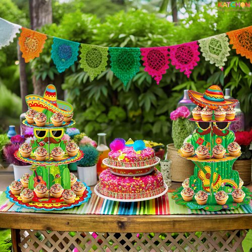 KatchOn, 2Pcs Fiesta Cupcake Stand – 3 Tier Cactus Cupcake Holder for Summer, Taco Party, Cinco de Mayo, Tropical Theme, Mexican Birthday, Fiesta Decorations, Cactus Party Supplies