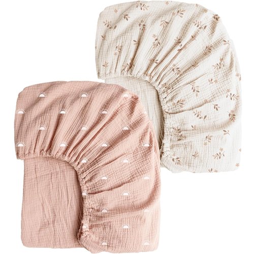 Konssy Muslin Crib Sheets - Soft & Breathable Cotton Baby Sheets for Standard Crib Mattress | 2 PCS (Pink Sun, Khaki Leaf)