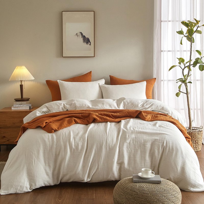 SE SOFTEXLY Muslin Duvet Cover Queen Size, 100% Washed Cotton Duvet Cover Set, Ultra Soft Comforter Cover Linen Like, 3 Pieces Minimalist Gauze Duvet Cover with 2 Pillowcases, 90"x90", White