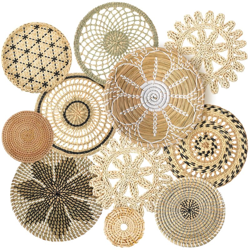 Tatuo 11 Pcs Boho Wall Basket Decor Bulrush Woven Wall Hanging Art Round Farmhouse Rustic Handmade Wicker for Summer Home, Bedroom, Living Room, Kitchen Decorations, Multi Sizes(Vivid)