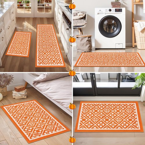Ileading Fall Kitchen Rugs Set of 3 Piece Fall Kitchen Mats for Floor with Non Slip Backing,Washable Autumn Runner Rug for Sink Laundry Holiday Thanksgiving Decoration(Orange)