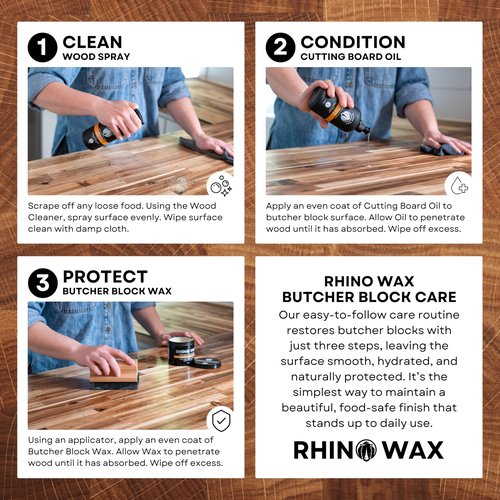Rhino Wax Butcher Block Maintenance Kit - Includes Cutting Board Oil, Wax (Large 8oz Size), Bench Scraper, Large Applicator, 2 Microfiber Cloths - Natural and Food Safe - Made in USA