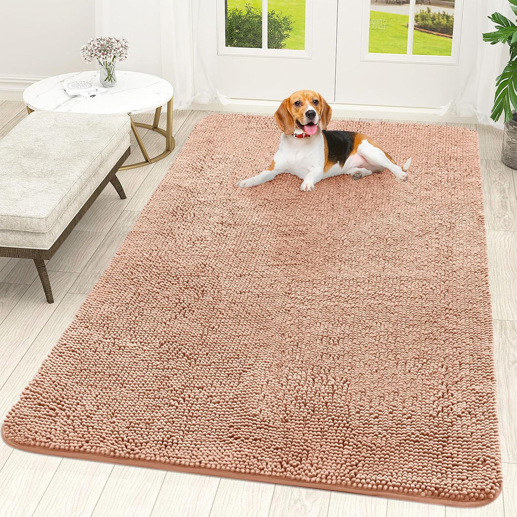 OLANLY Dog Door Mat - Absorbent Non-Slip Chenille for Muddy Paws | 70x46 Inches, Quick Dry, Peach