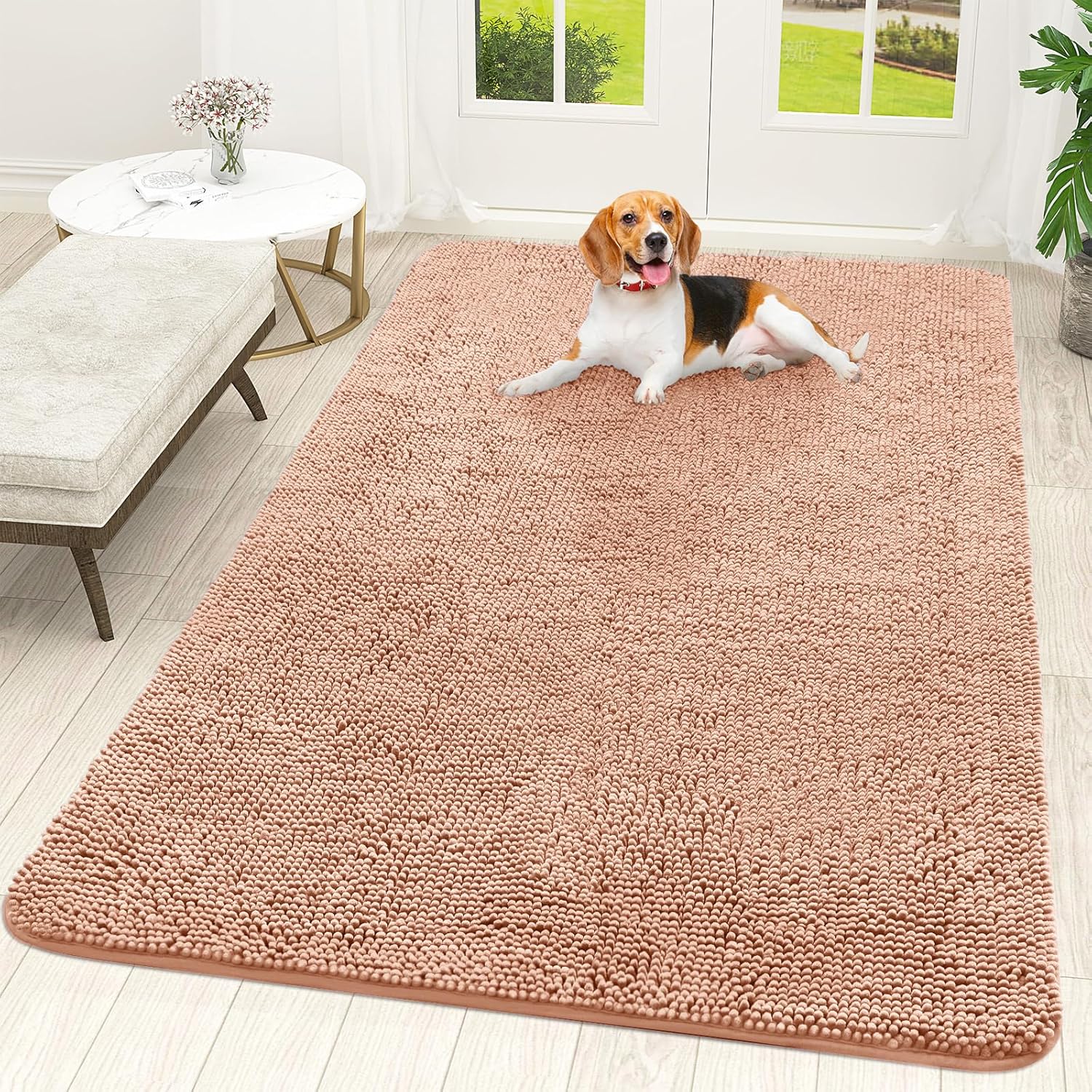 OLANLY Dog Door Mat - Absorbent Non-Slip Chenille for Muddy Paws | 70x46 Inches, Quick Dry, Peach