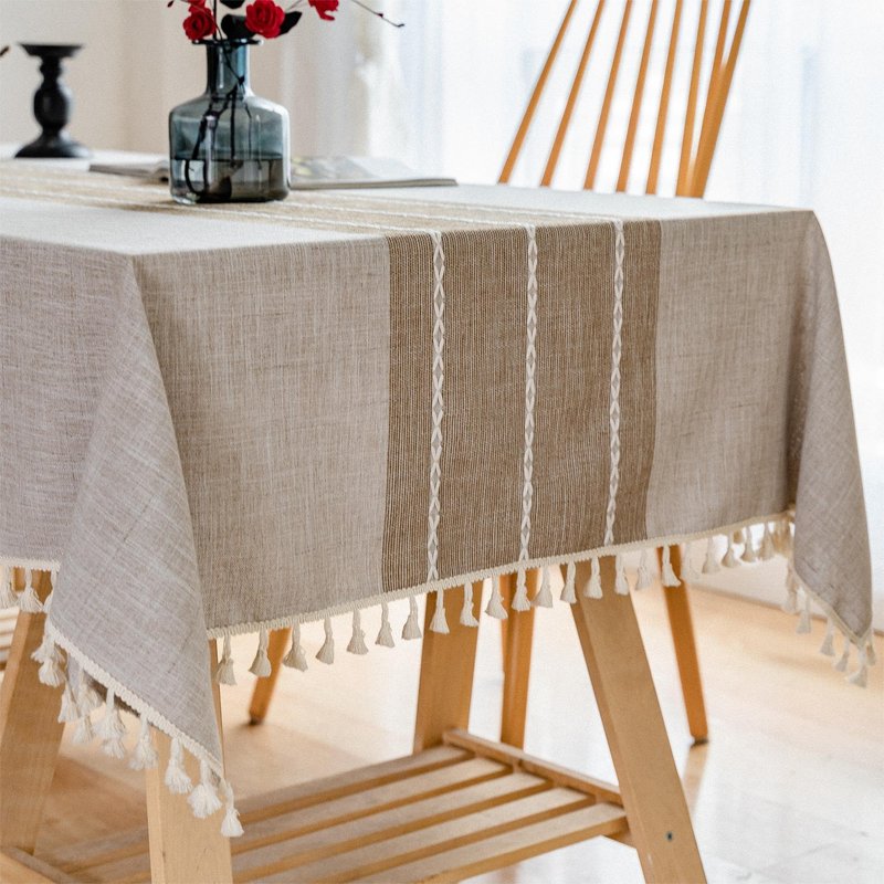 Sutuo Home Boho Cotton Linen Embroidery Table Cloth with Tassel, Tablecloths for Long Rectangle Table, Water Resident Tablecloth for Dining Room Patio Party Oblong, Coffee 55''x 120'', 10-12 Seats