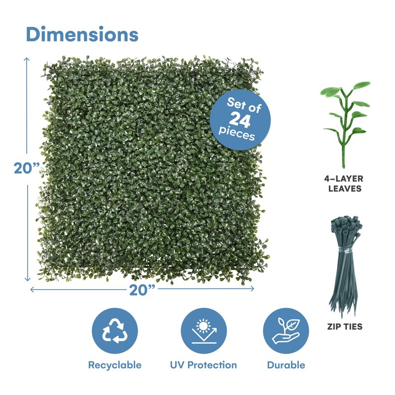 Grass Wall Panels 20″ × 20″ (6 Pack) – UV-Protected Artificial Boxwood Hedge Greenery Backdrop Covers 16.66 sq ft, Indoor/Outdoor Privacy Fence Screen, Zip Ties & Spare Leaves Included