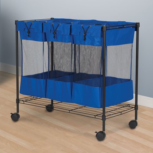 Household Essentials Laundry Sorter with Wheels, Triple Removable Mesh Bags, Sturdy Wire Frame, Smooth Glide Casters, Wide Functionality, Blue and Black