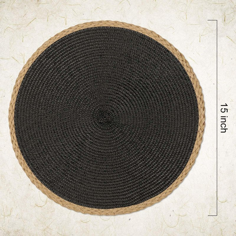 Noctiflorous Braided Round Placemats Set of 8, 15 Inch Woven Table Mats, Non-Slip Washable Thin Edge Place Mats for Kitchen Dining Table Decor (Black, 8)