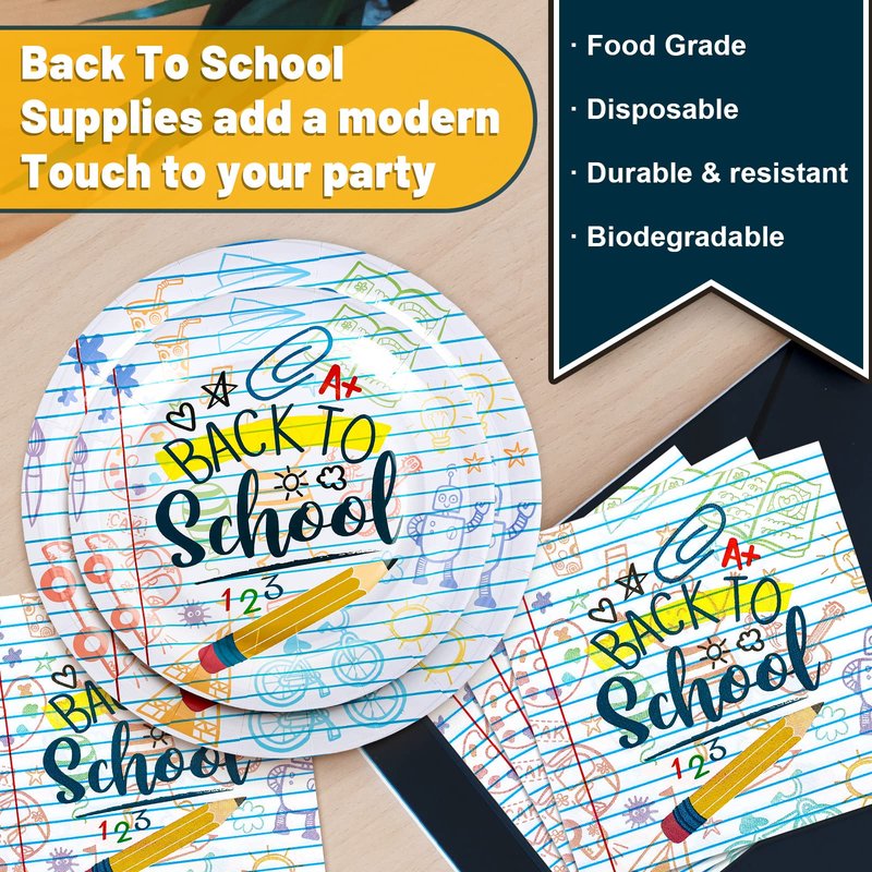 Whaline 75Pcs Back to School Tableware Set Homework Pencil Prints Disposable Dinnerware Set 50Pcs Paper Plates 25Pcs Lunch Napkins for First Day of School Party Supplies Decorations