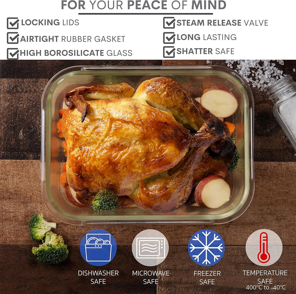 Razab Glass Food Storage Containers - 10 Cups/80 Oz, 4-Pc Set with Airtight Locking Lids | BPA Free, Leak Proof, Safe for Microwave & Oven