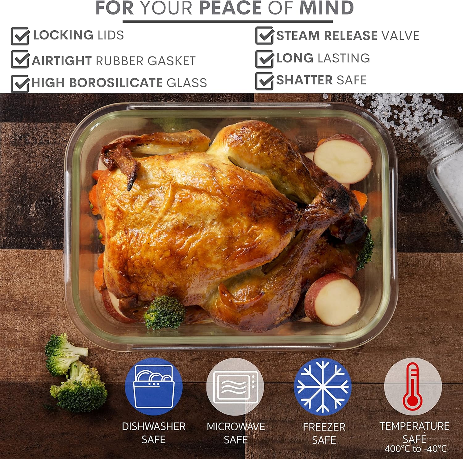 Razab Glass Food Storage Containers - 10 Cups/80 Oz, 4-Pc Set with Airtight Locking Lids | BPA Free, Leak Proof, Safe for Microwave & Oven