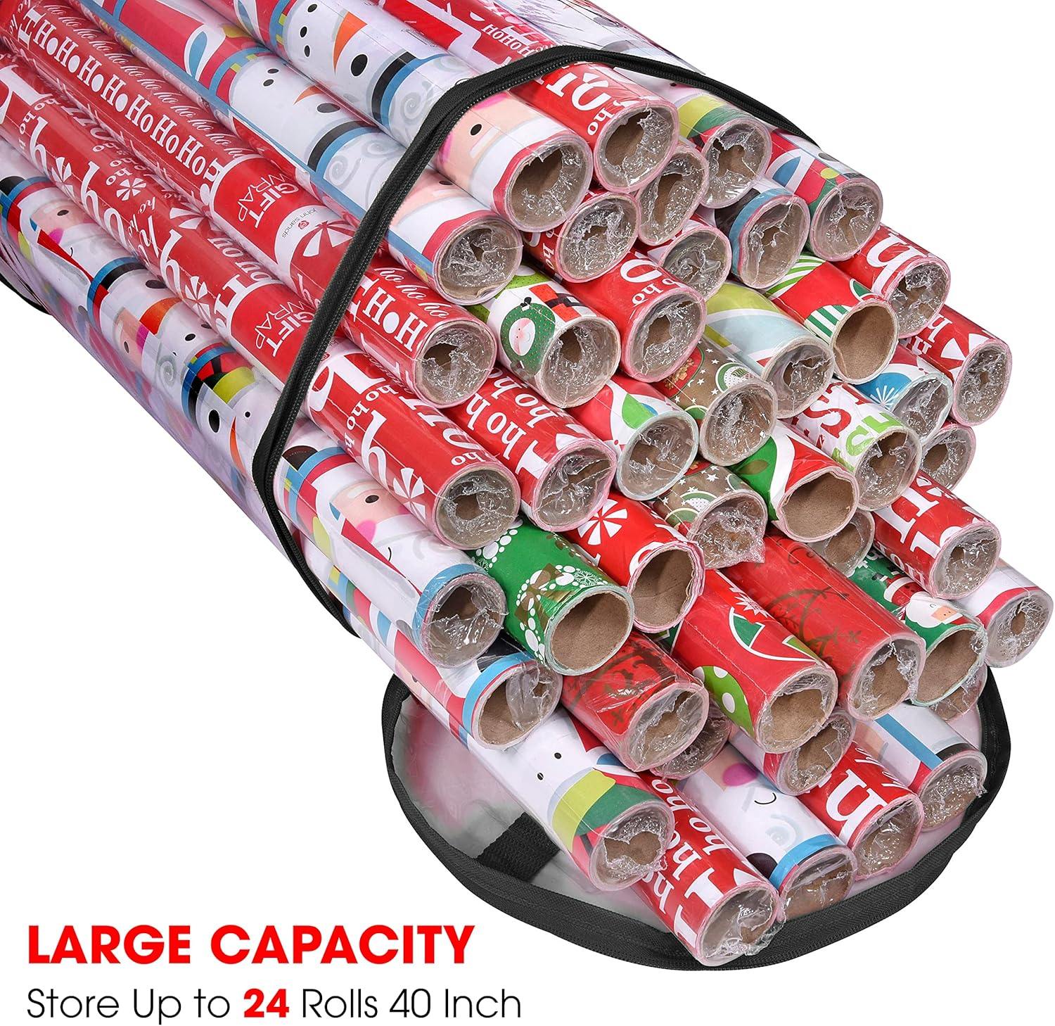 Primode Gift Wrap Organizer - Heavy Duty Wrapping Paper Storage Bag for 24 Rolls, 40 Inch Long, Clear PVC (Black)