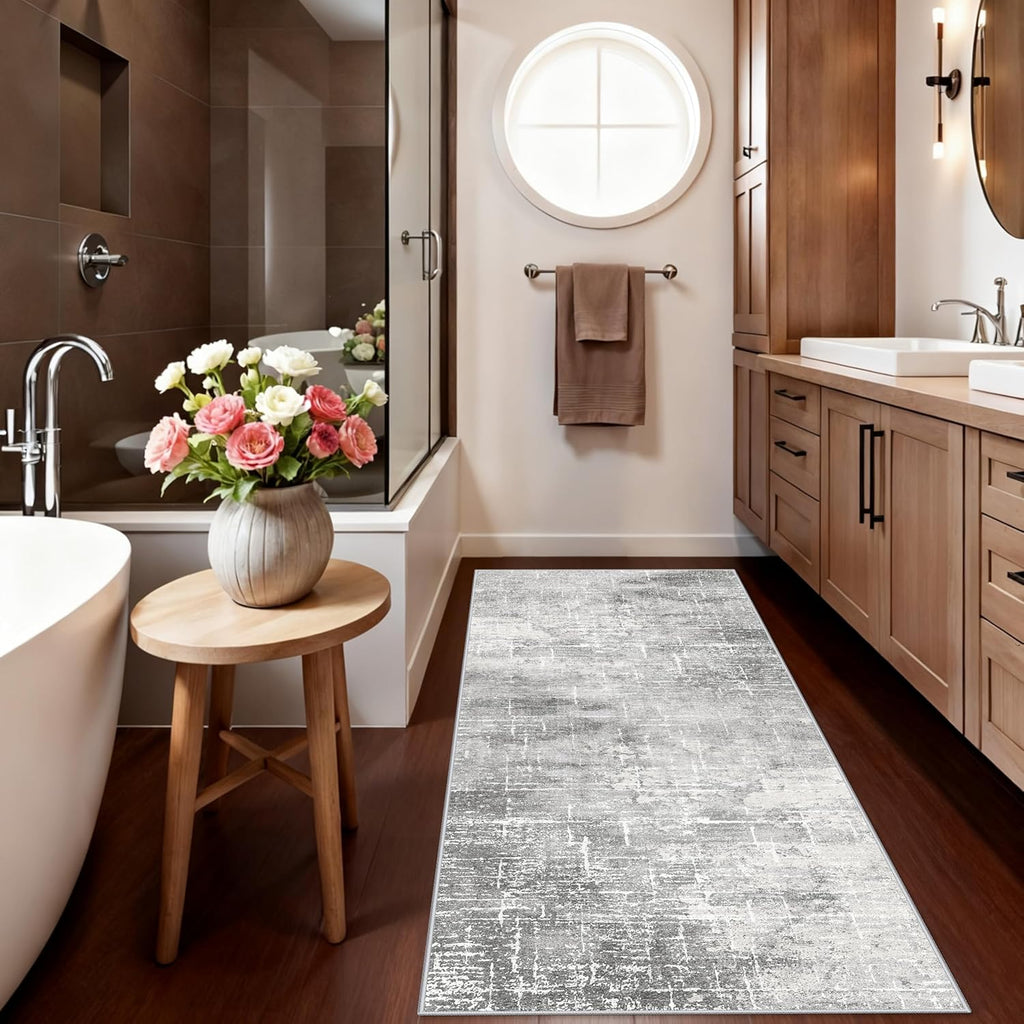Skiennix Washable Abstract Kitchen Rug - Non-Slip Water-Resistant Floor Mat | 2x6 Light Grey for Modern Homes