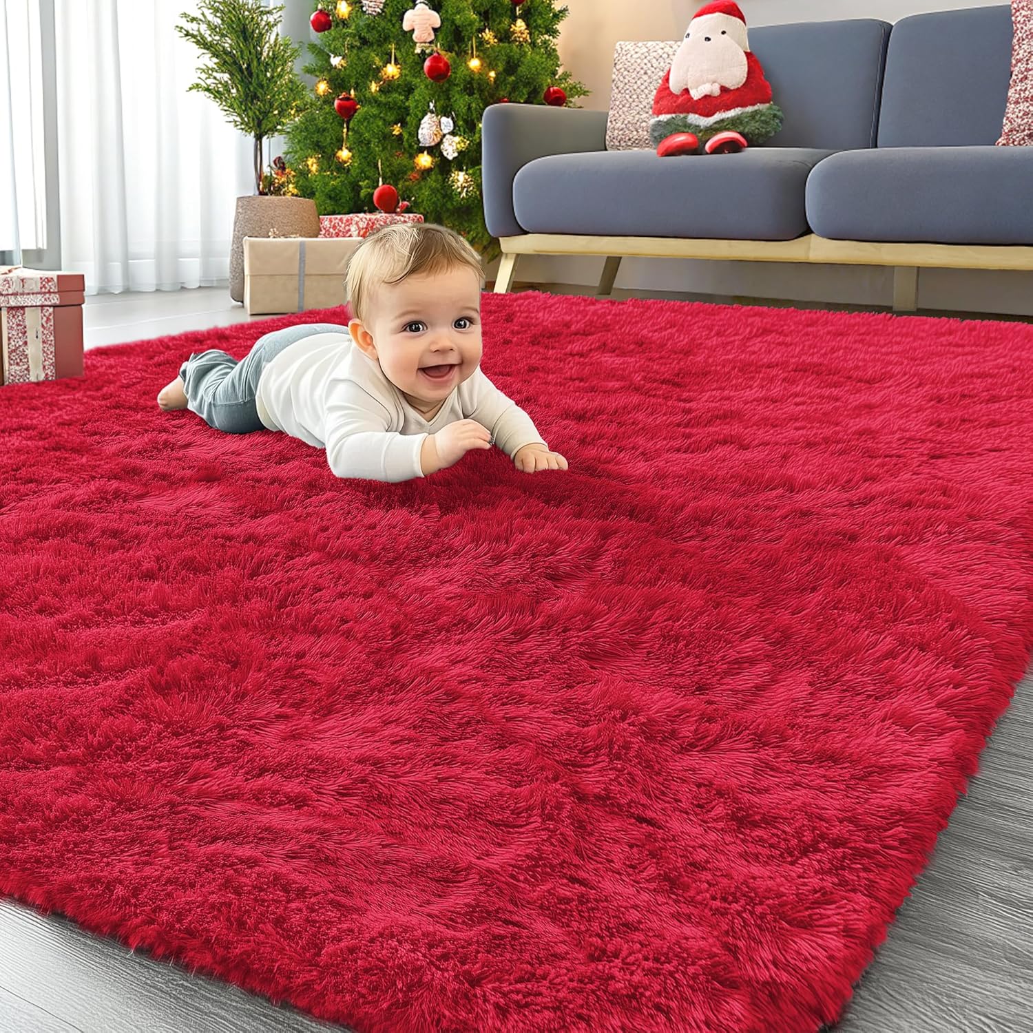 OLANLY Area Rug - Soft Fluffy Shaggy Carpet for Living Room & Bedroom | Machine Washable 4x5.9 ft - Red