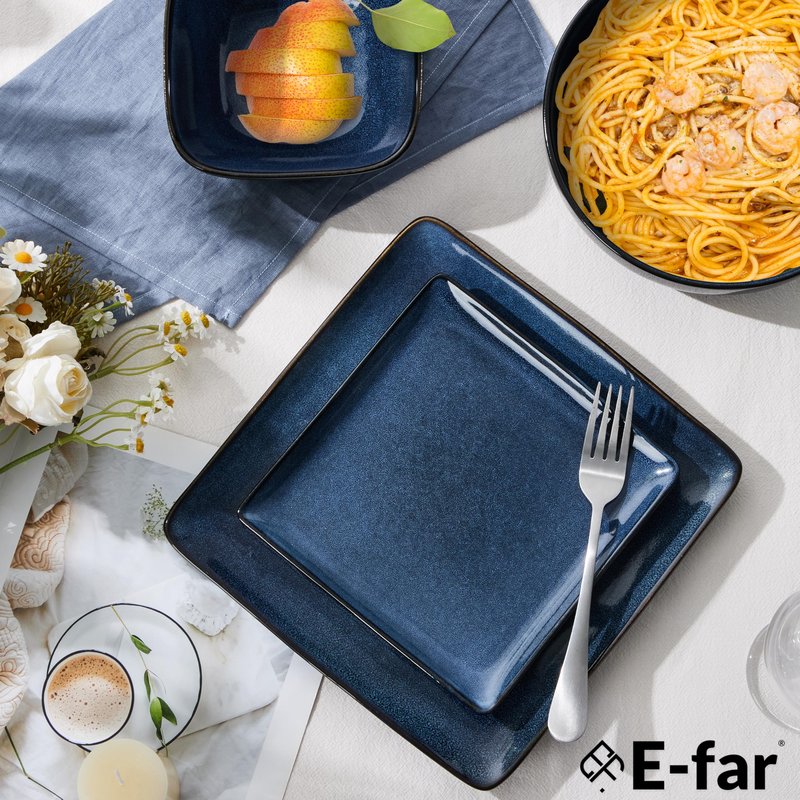 E-far Square Plates and Bowls Sets, 12-Piece Stoneware Dinnerware Sets for 4, Reactive Glaze Dish Set, Chip and Scratch Resistant, Microwave and Dishwasher Safe, Ocean Blue