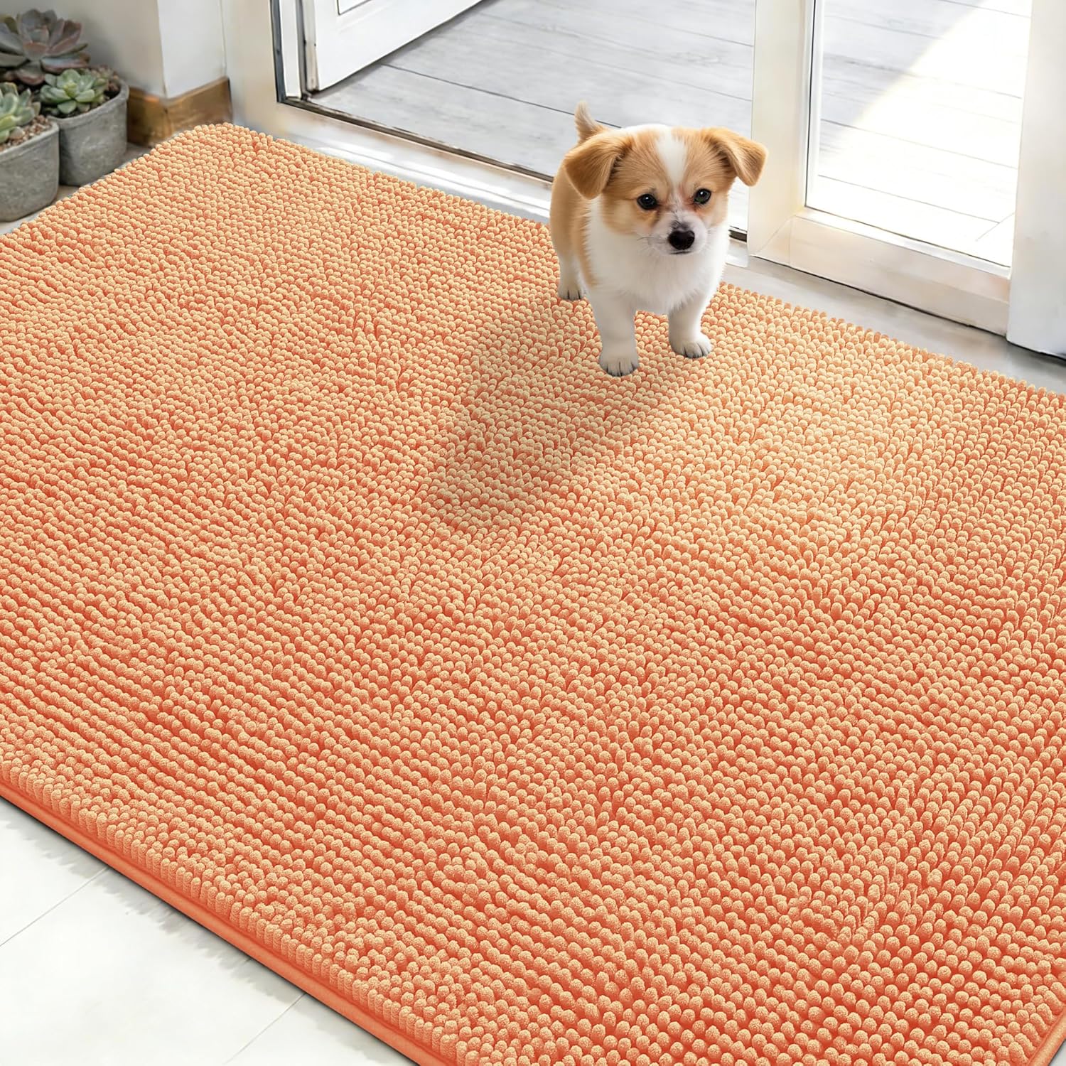 OLANLY Dog Door Mat - Absorbent Non-Slip Washable Doormat for Muddy Paws | 50x30 Orange Chenille Carpet