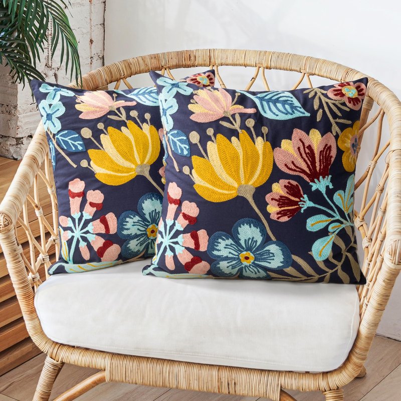 AELS Embroidered Throw Pillow Covers 18"x18" Set of 2, Boho Chic Modern Farmhouse Floral Cotton Cushion Covers for Couch, Sofa, Bed, and Living Room Decor – Blue Yellow Flower