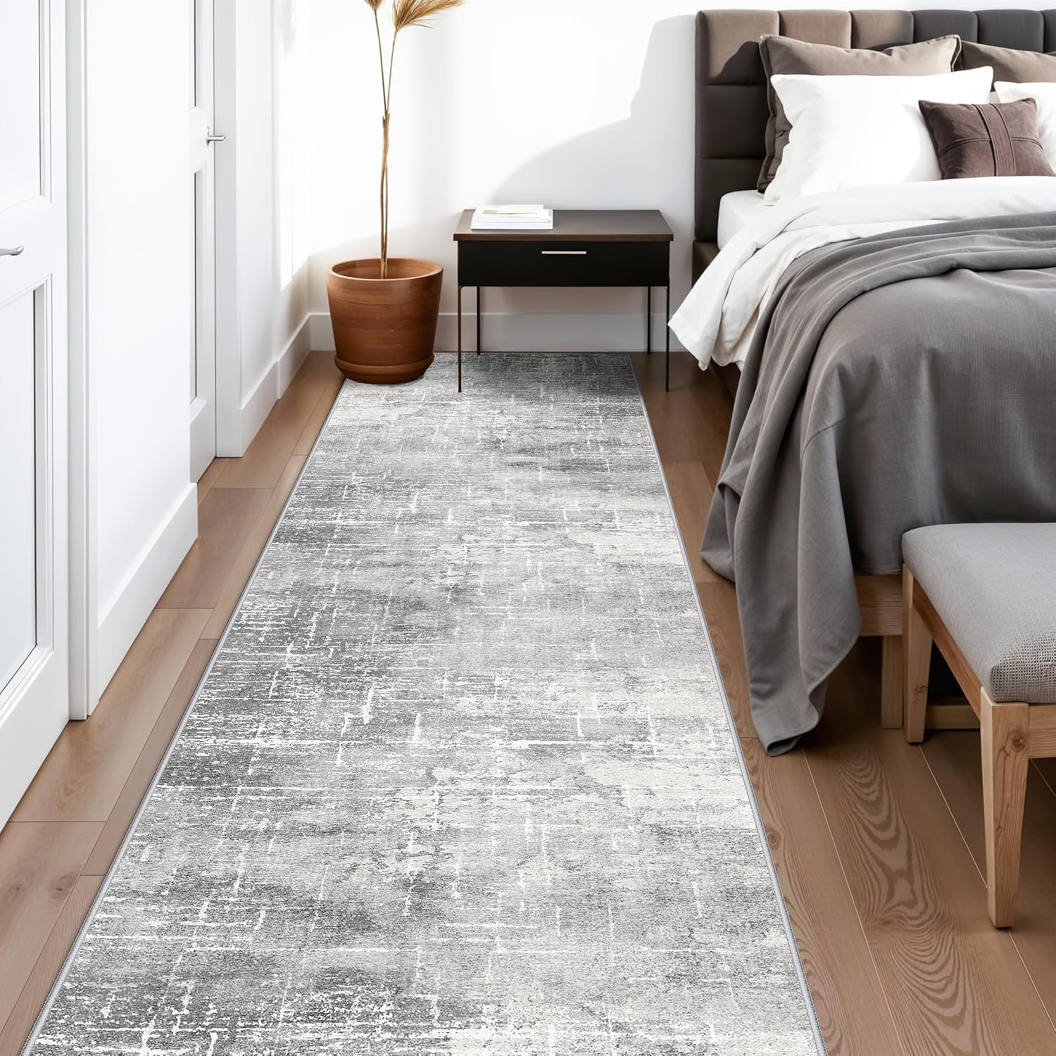 Skiennix Washable Long Hallway Runner Rug - Non-Slip Soft Abstract Design | 2'6"x12" Light Grey Carpet for Home & Office