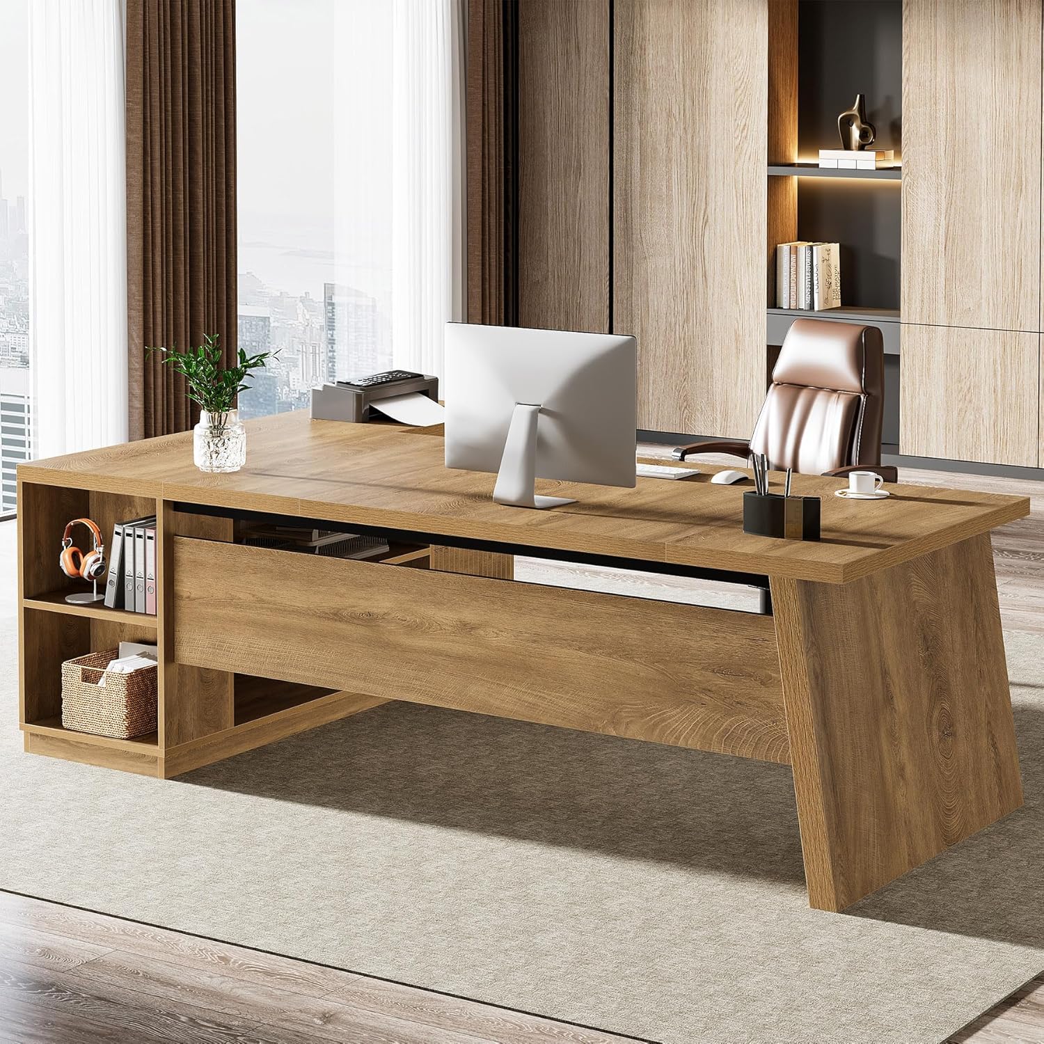 Tribesigns L Shaped Desk - Modern Executive Office Furniture with Drawers & File Cabinet | 78" Brown