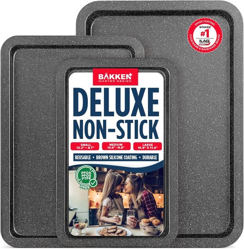 BAKKEN 3-Piece Nonstick Baking Pan Set - Stackable Cookie Trays, Oven Safe Up to 450°F, Gray Marble