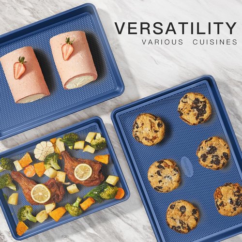 HONGBAKE Baking Sheet Pan Set - Nonstick Cookie Sheets with Diamond Texture | Heavy Duty Dark Blue Pans